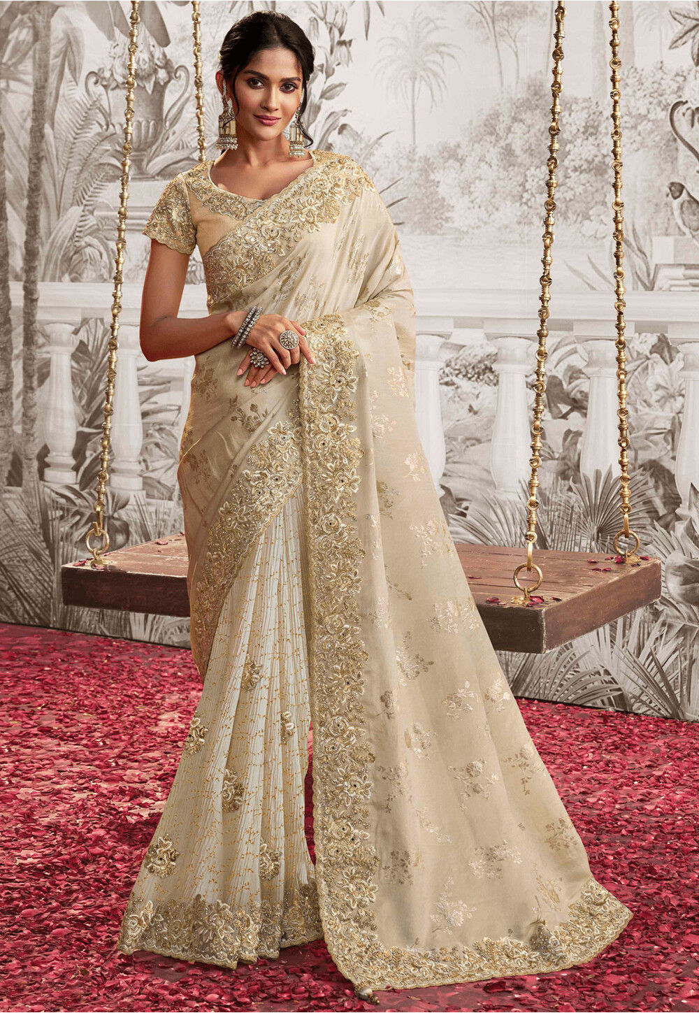 Half N Half Art Silk Jacquard and Art Silk Saree in Cream