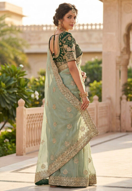 Embroidered Satin Silk Saree in Sea Green