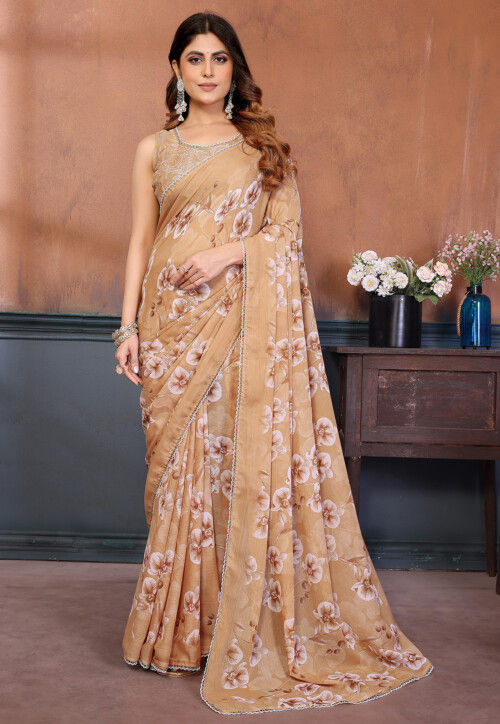 Digital Printed Georgette Saree in Beige