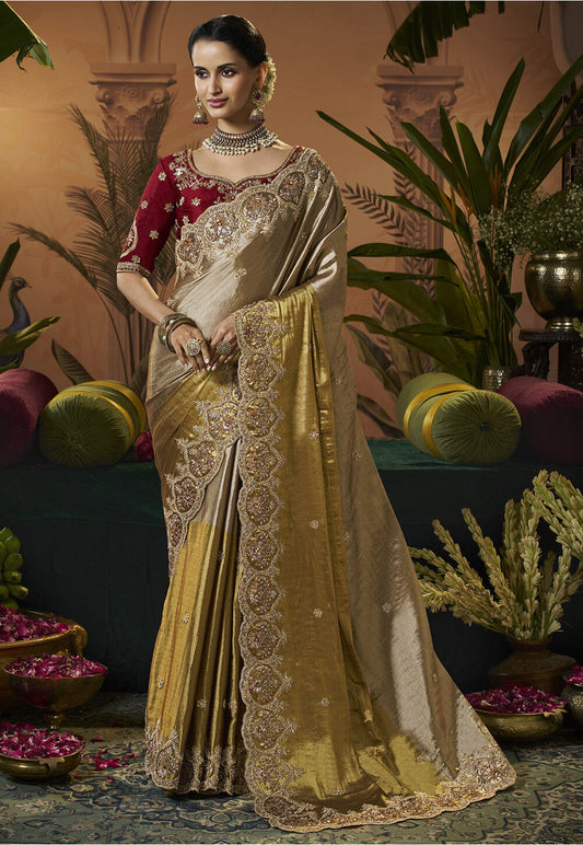 Embroidered Tissue Silk Scalloped Saree in Golden