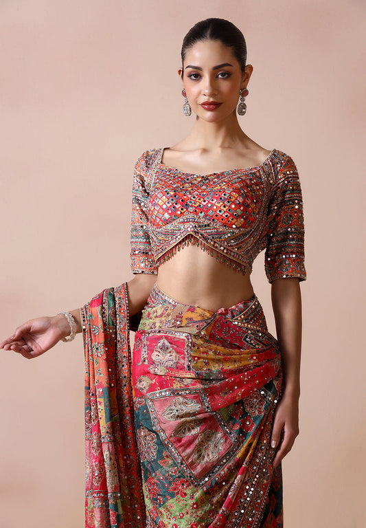 Multicolour Heritage Patchwork Saree with Embellished Blouse