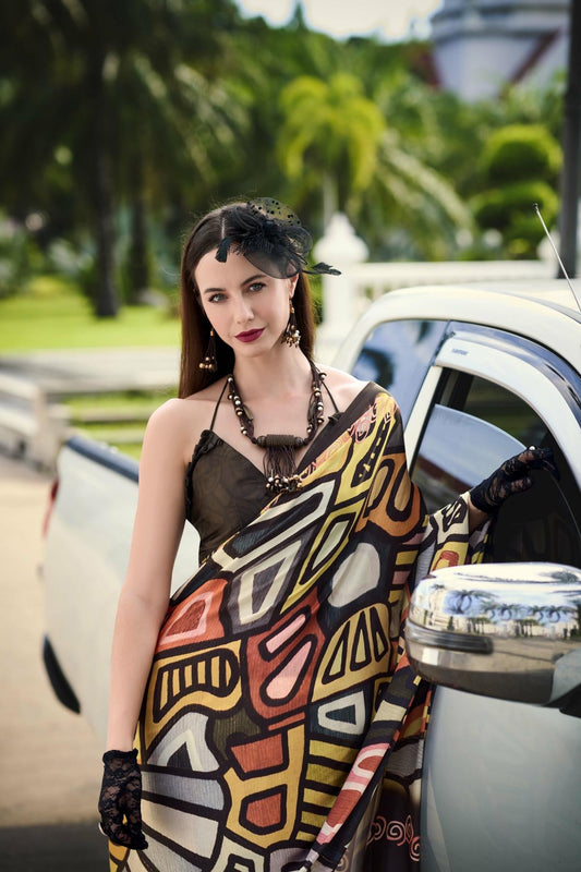 Multi Printed Satin Crepe Saree