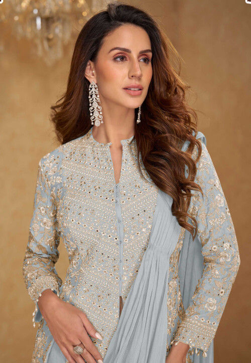 Pre-Stitched Chinon Silk Saree in Light Grey