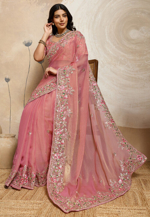 Embroidered Tissue Saree Peach