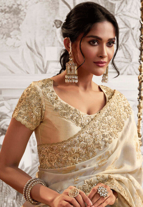 Half N Half Art Silk Jacquard and Art Silk Saree in Cream