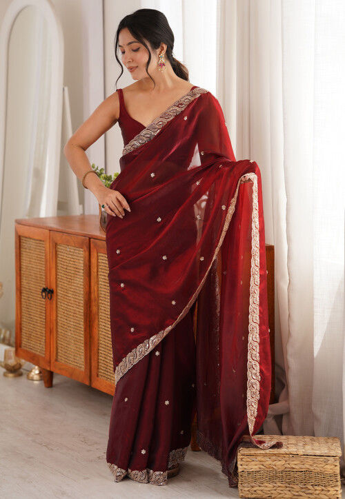 Hand Embroidered Tissue Scalloped Saree in Maroon