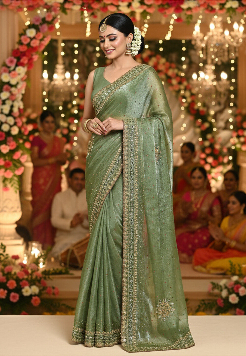 Embroidered Tissue Silk Saree in Light Dusty Green