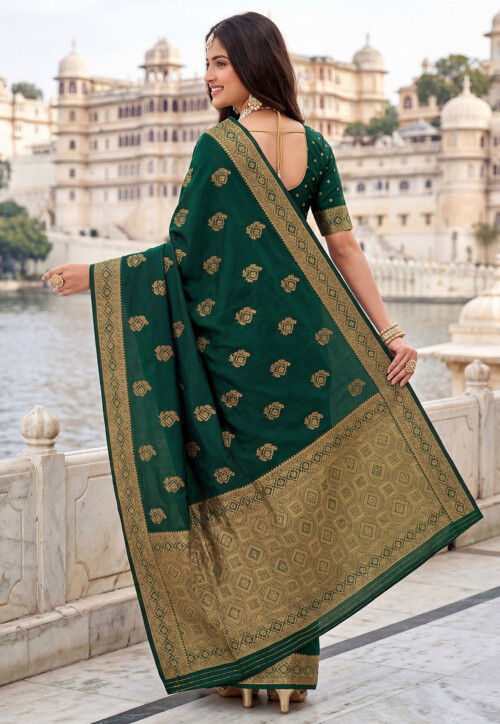 Woven Art Silk Saree in Dark Green