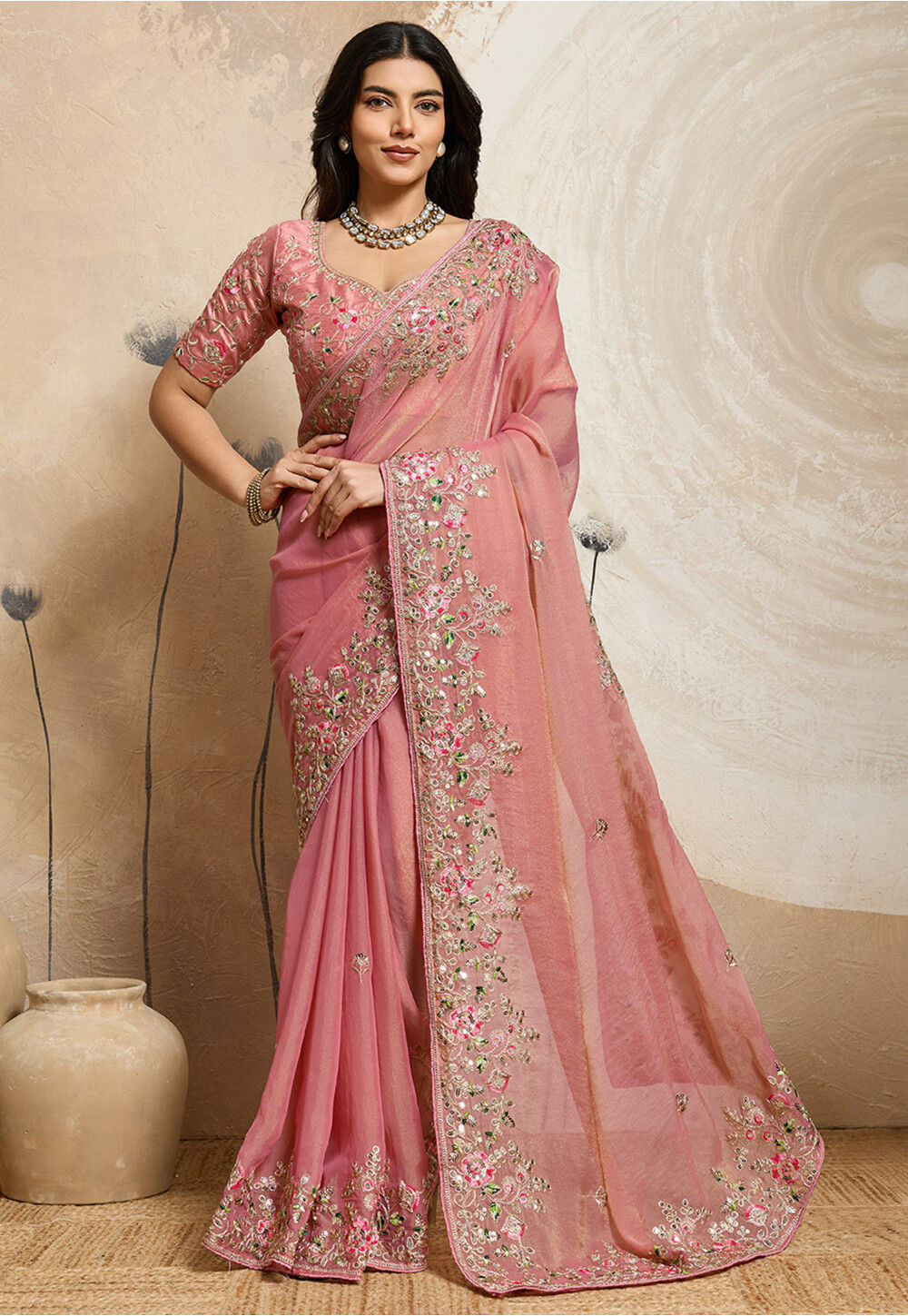 Embroidered Tissue Saree Peach
