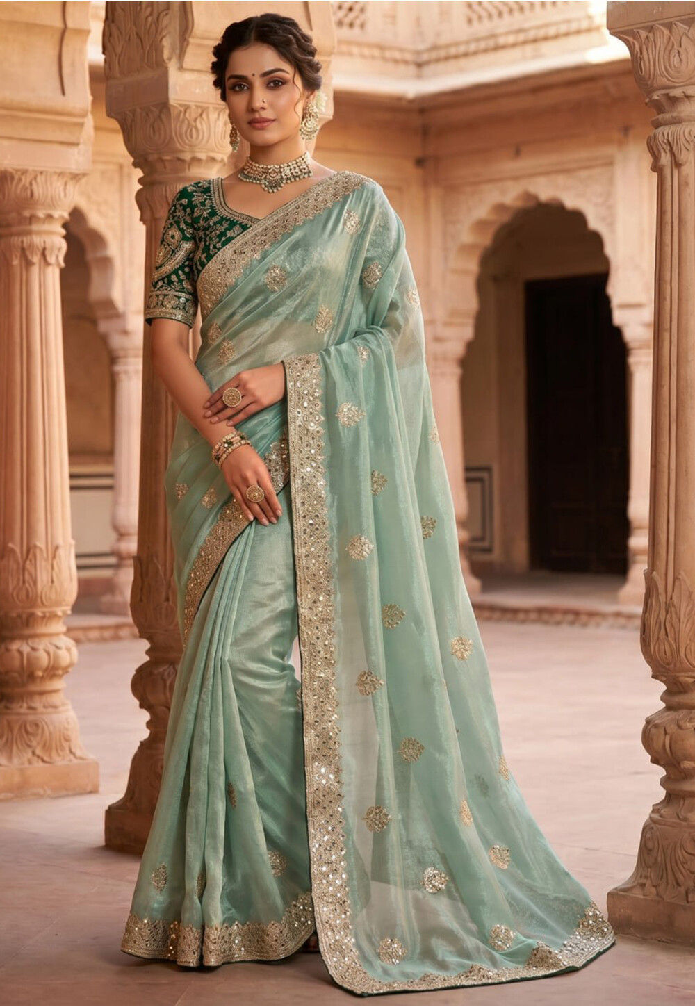 Embroidered Satin Silk Saree in Sea Green