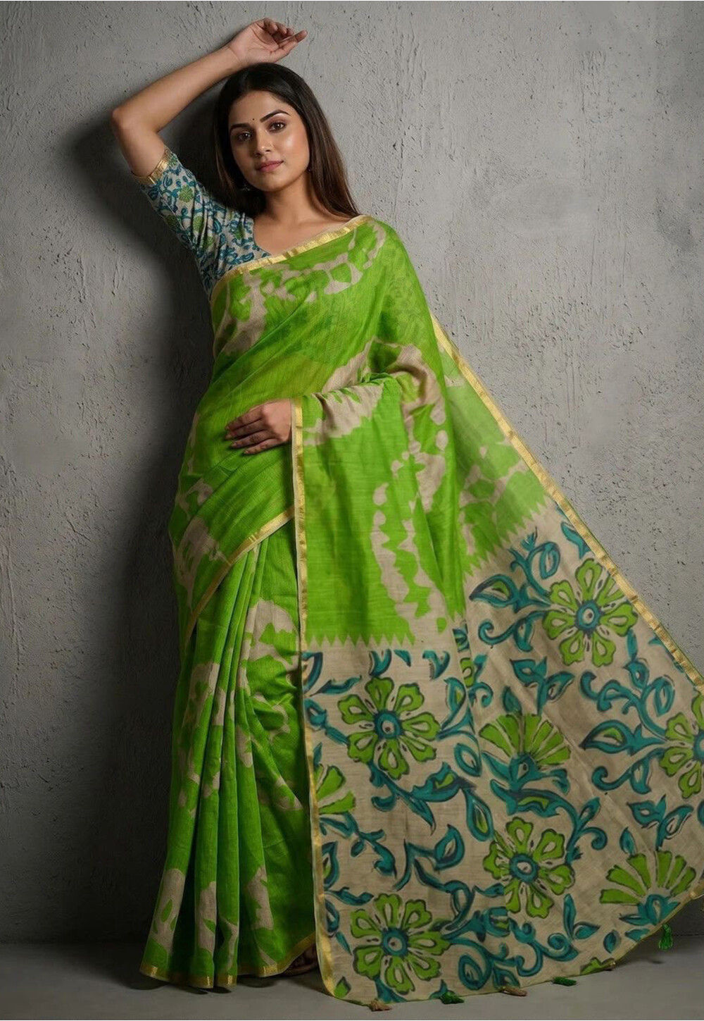 Digital Printed Linen Cotton Saree in Light Green