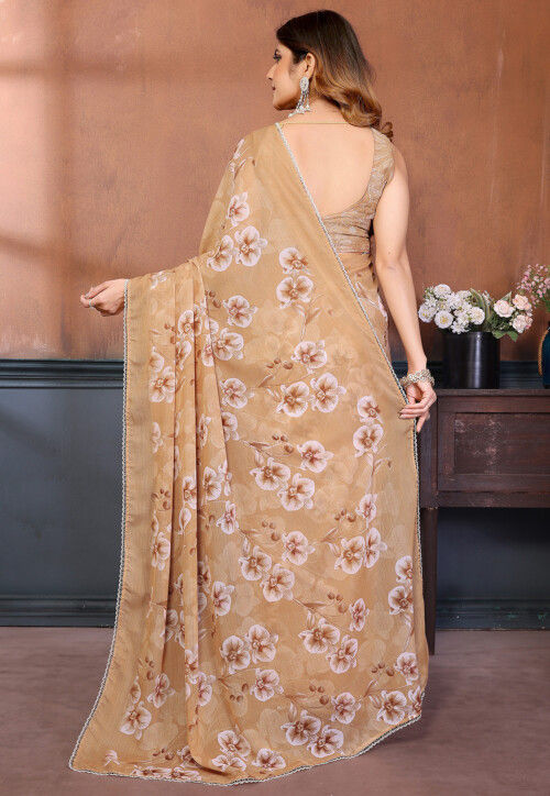 Digital Printed Georgette Saree in Beige