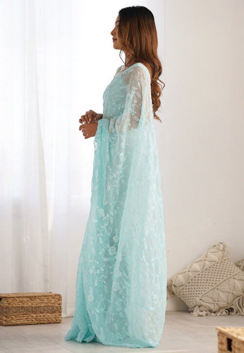 Embroidered Organza Scalloped Saree in Sky Blue