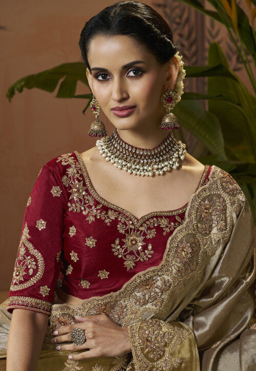 Embroidered Tissue Silk Scalloped Saree in Golden