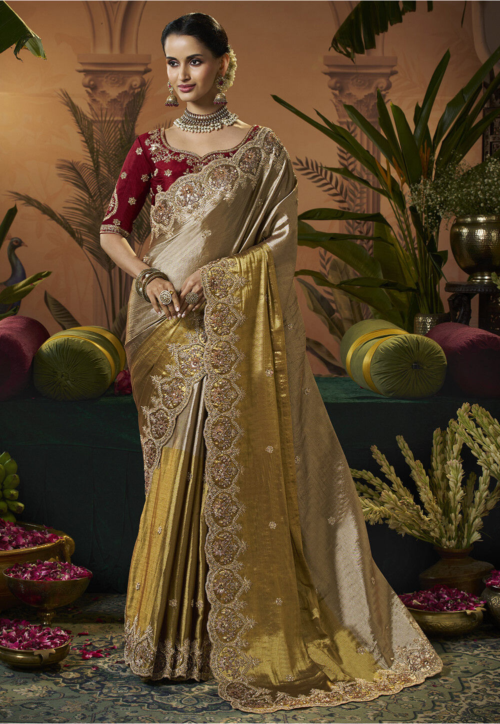Embroidered Tissue Silk Scalloped Saree in Golden