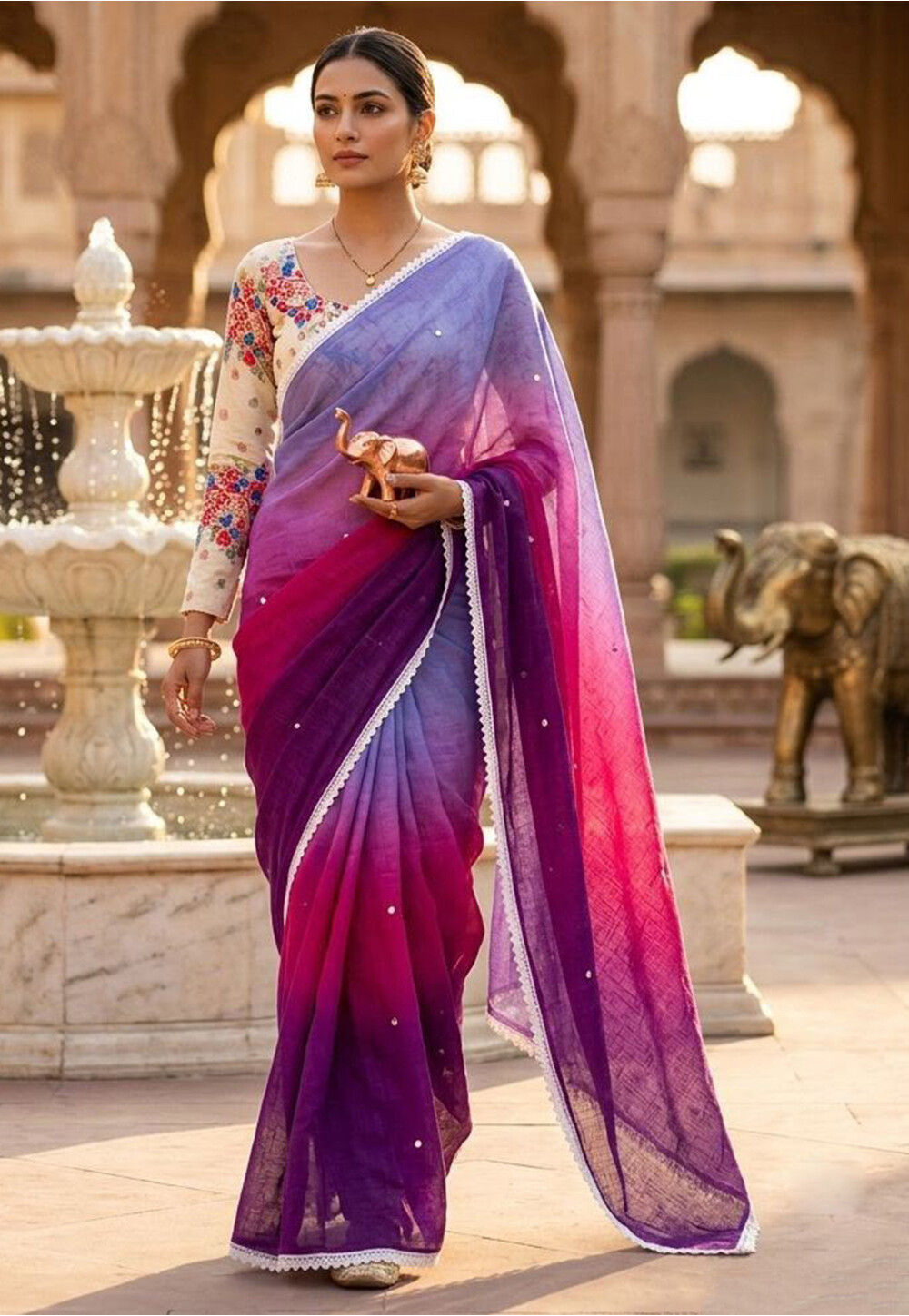 Embroidered Linen Cotton Saree in Multicolor