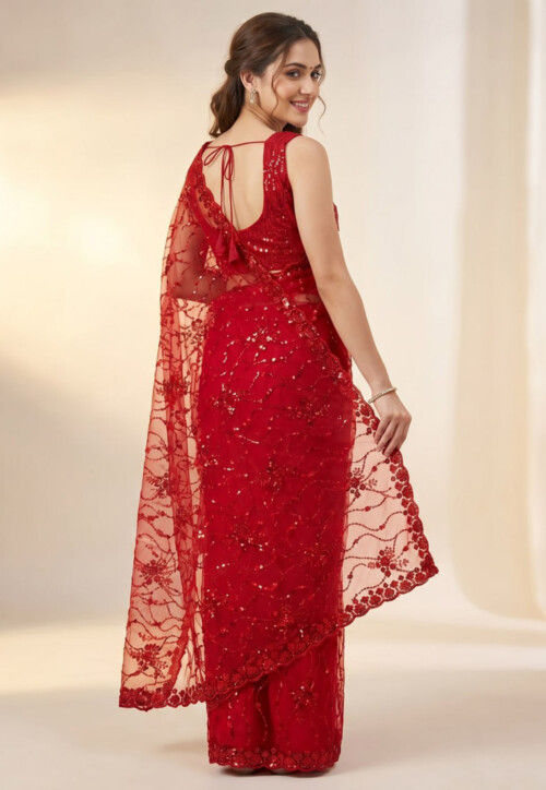 Embroidered Net Saree in Red