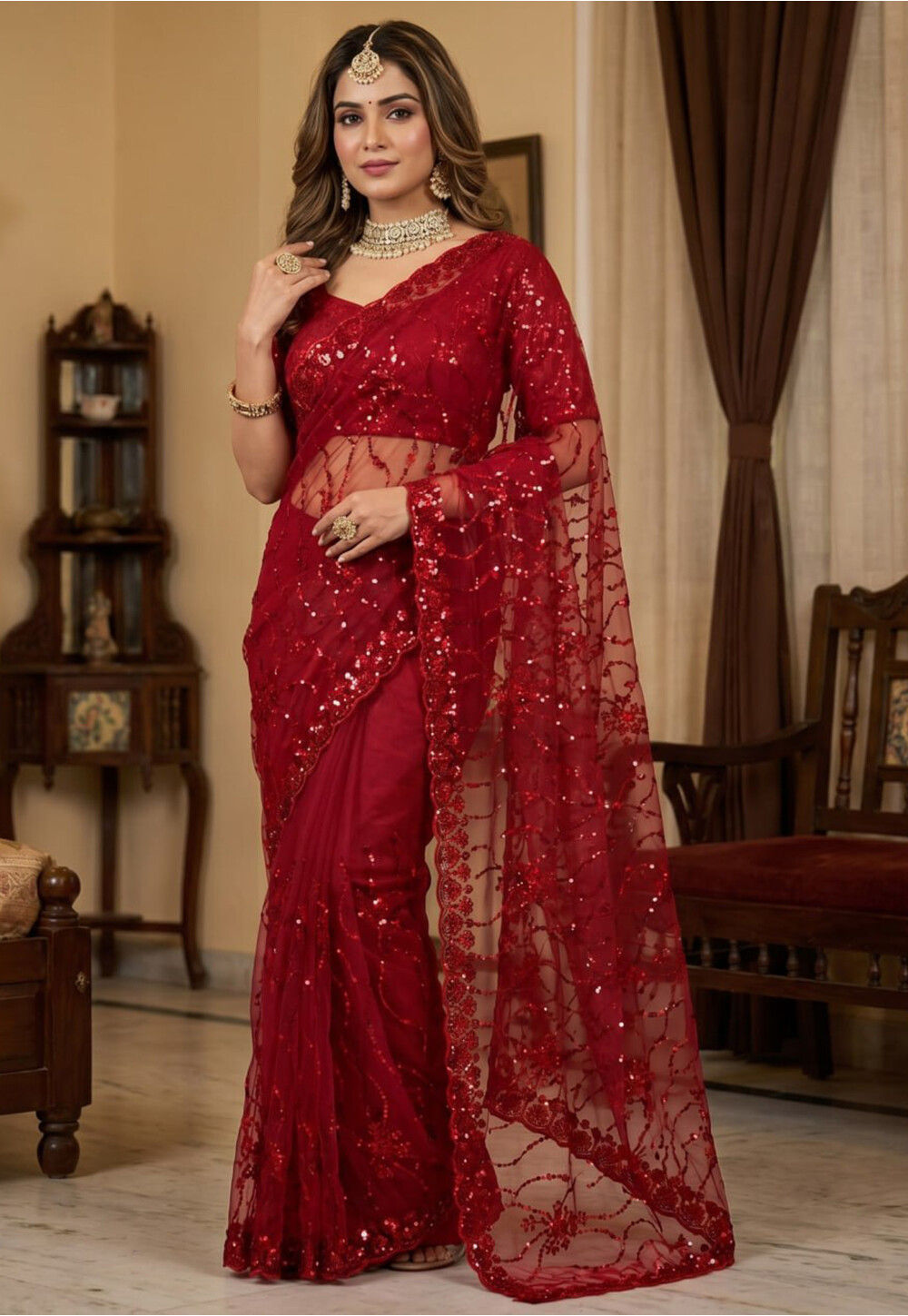 Embroidered Net Saree in Red