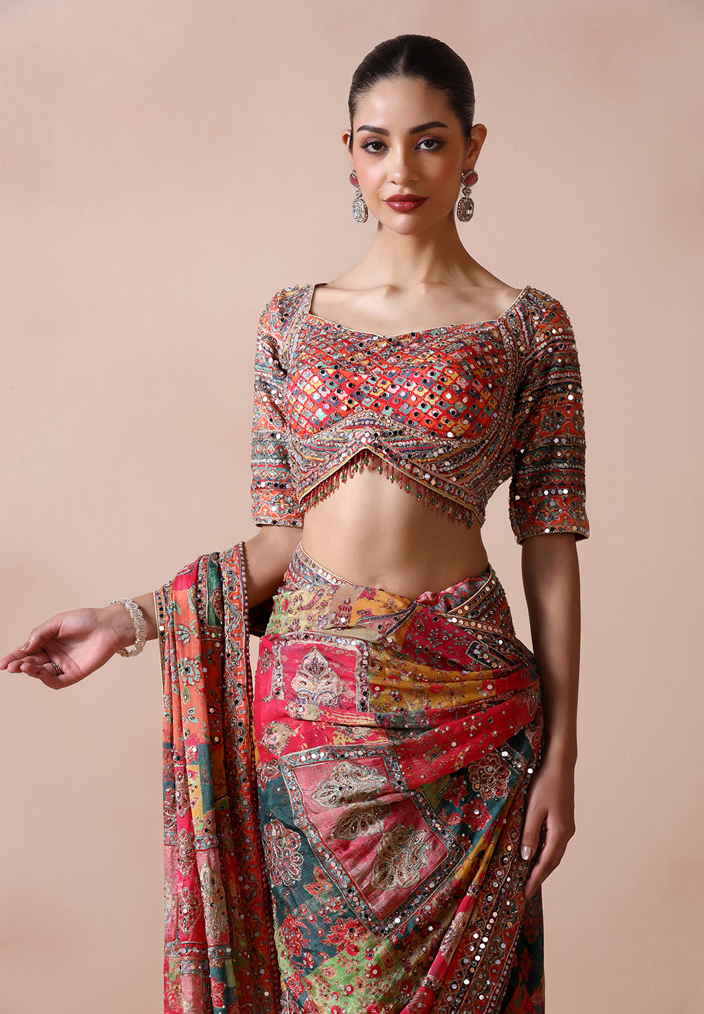 Multicolour Heritage Patchwork Saree with Embellished Blouse