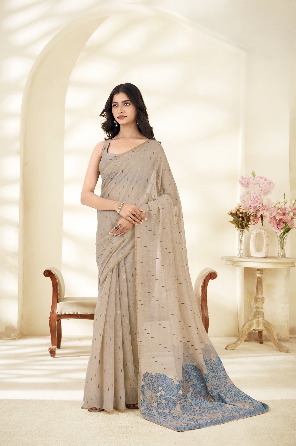 Cotton Saree with Florals Woven Border