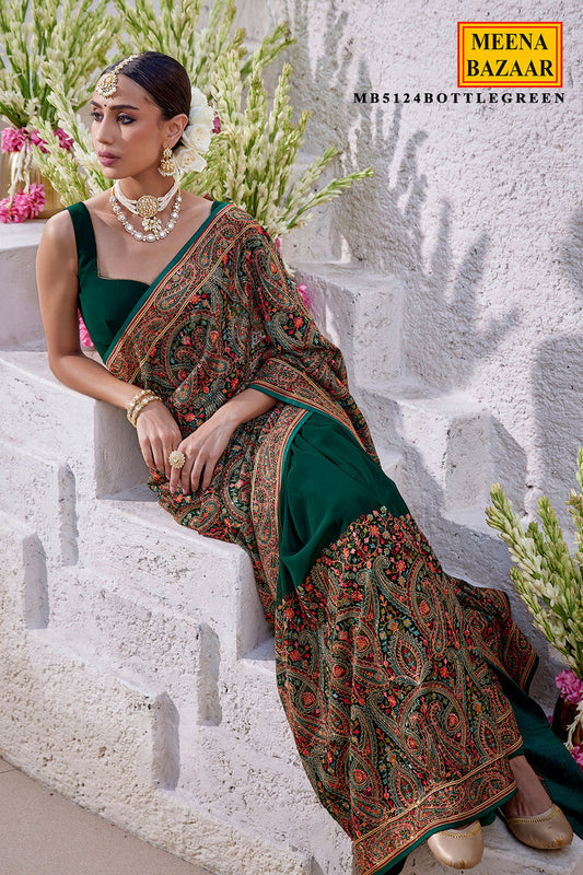 Bottle Green Georgette Colorful Thread Embroidered Saree
