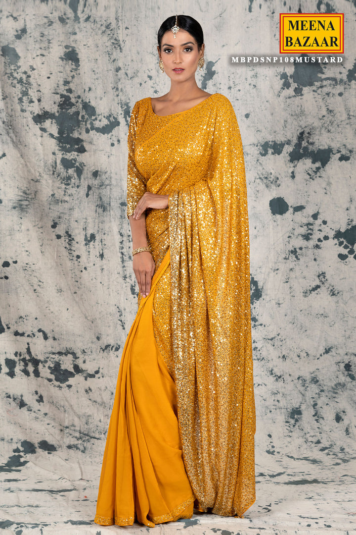 Mustard Georgette Sequins Embroidered Saree